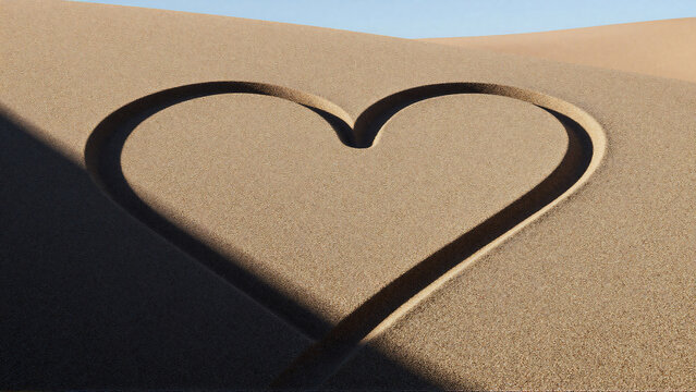 Heart drawn in the golden desert sand under a clear sky