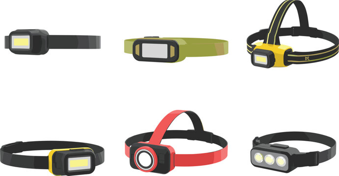 Headlamp flashlight set vector illustration, wearable LED headlight devices for outdoor camping hiking and work equipment design