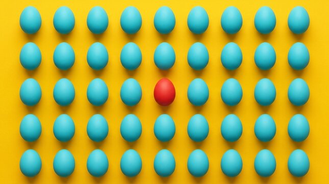 One red egg standing out in a crowd of blue eggs on yellow background