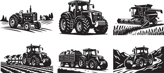 Obraz premium Tractor, farming tractor, agricultural tractor, vector tractors, 6 black and white tractors