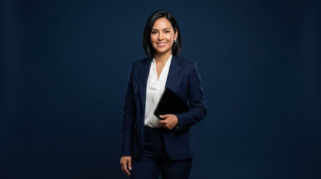 Professional Hispanic Businesswoman in Navy Suit Holding Tablet