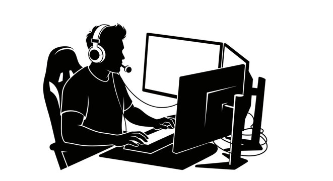 Man wearing headset sitting at computer desk