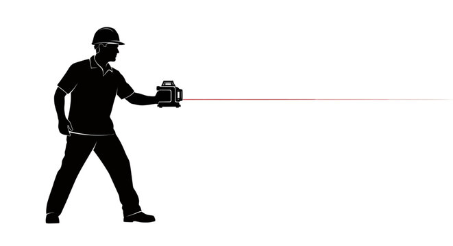 Black silhouette of a man with a laser level tool