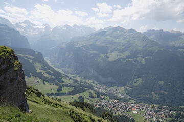 Fototapeta premium Switzerland, mountain peak and natural landscape, with panorama, in august, landscape