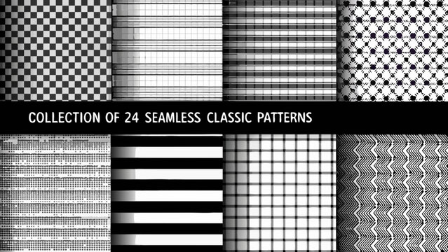 Collection of eight monochrome seamless patterns featuring checks stripes dots and geometric designs abstract arrangement background black white
