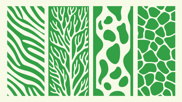 Nature inspired patterns featuring zebra stripes branching veins spots and mosaic shapes in a green color palette abstract