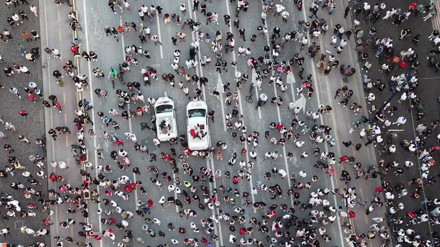 Tirana, Albania. 04 June 2026. overhead drone video showing people spread across the boulevard during a Tirana protest on 04 June 2026, connected to Zvernec, Narta lagoon, flamingo protection and poli