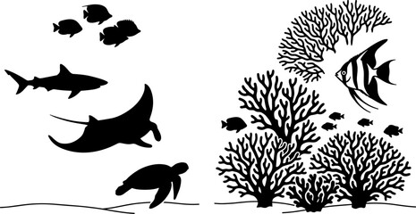 Marine Life Silhouette Collection Featuring Coral Reef Fish Shark Stingray and Sea Turtle for Ocean Wildlife Design Projects © Mukti