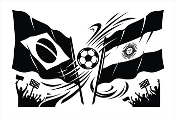 Obraz premium Brazil, Argentina soccer flags, black and white vector illustration, football match, sports emblems