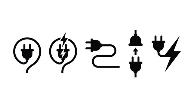 Black vector illustration set of electrical plugs with lightning bolts and cables on white background