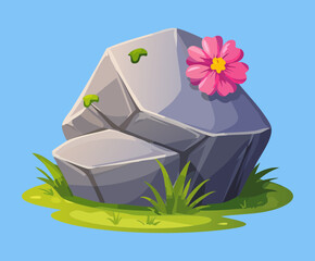 Gray rock boulder with bright pink blooming flower vector illustration for wild mountain landscape design and cute game environment graphic element © color