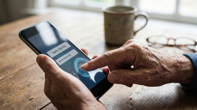 Elderly mobile payment security concept with focus and care