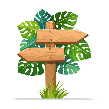 Two direction wooden arrow sign board with foliage vector illustration for paradise island pathfinding and wild jungle adventure game asset
