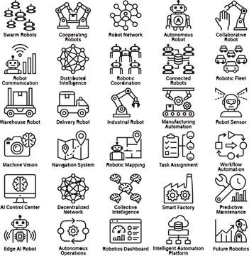 Swarm Robotics Line Icons Set &ndash; 30 Minimal Black Outline Vector Icons for Multi-Agent Systems, Autonomous Robots, AI Automation & Intelligent Robotics UI UX