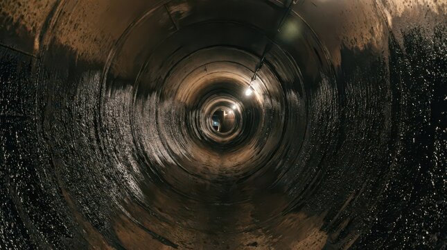 Interior of oil pipeline tunnel with corroded walls and leaked sludge for industrial background and inspection imagery