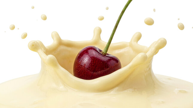 Fresh dark red cherry with stem dropping into thick custard crown splash