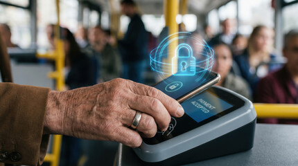 Obraz premium Elderly mobile payment security on public bus commute