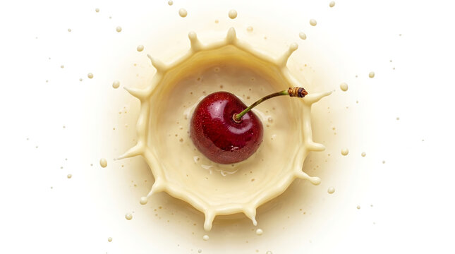 Fresh dark red cherry with stem dropping into thick custard crown splash