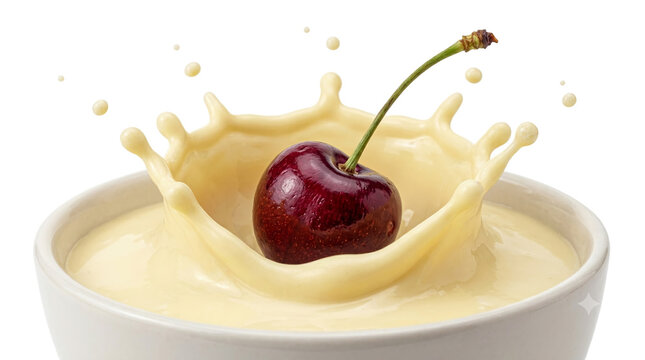 Fresh dark red cherry with stem dropping into thick custard crown splash