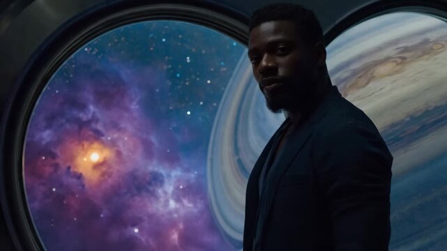 man observes cosmic scene through spacecraft window