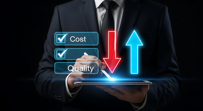 Businessman reducing cost and increasing quality on tablet screen financial growth