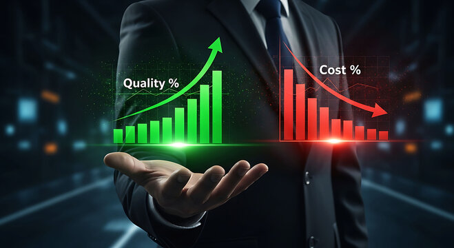 Businessman holding increasing quality graph and decreasing cost chart on hand
