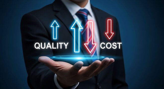 Businessman holding hologram showing increasing quality and decreasing cost balance