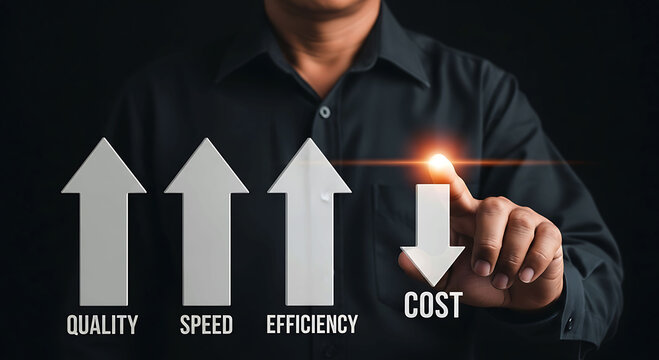 Businessman pointing down arrow to reduce cost and increase business efficiency