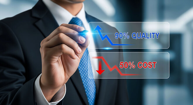 Businessman drawing graph showing high quality improvement and low cost reduction