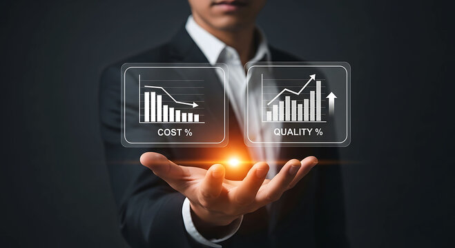 Businessman holding virtual graph showing cost reduction and quality increase