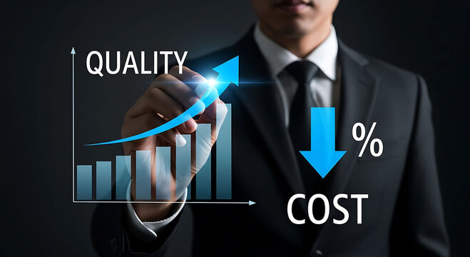 Businessman drawing a graph showing increasing quality and decreasing cost value