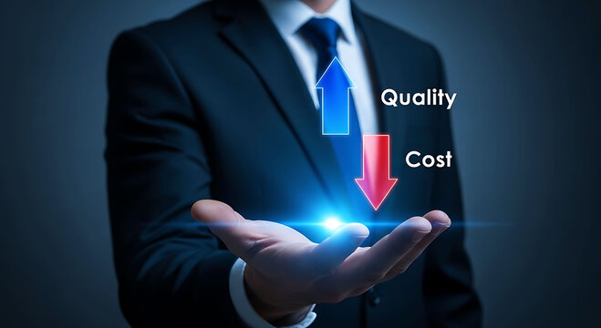 Business executive presenting concept of increasing quality and reducing cost