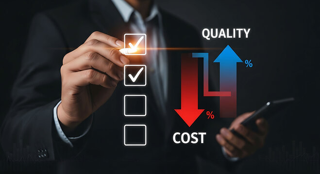 Businessman checking box to increase quality and reduce cost in business growth