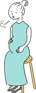 椅子に座って一息つく妊婦の全身シンプルイラスト（マタニティ・妊娠・女性・人物素材）/ Simple Full-Body Illustration of a Pregnant Woman Sitting on a Chair and Taking a Break (Maternity, Pregnancy, Female Character)