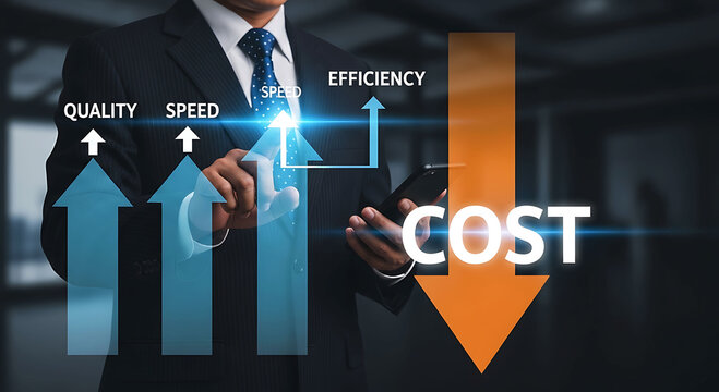 Businessman optimizing business cost reduction increasing quality efficiency and speed