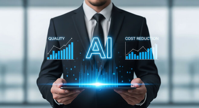 Businessman holding tablet with AI tech growth charts for quality and cost reduction