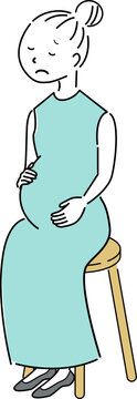 椅子に座って体調不良を感じる妊婦の全身シンプルイラスト（マタニティ・妊娠・女性・人物素材） / Simple Full Body Illustration of a Pregnant Woman Sitting on a Chair Feeling Unwell (Maternity, Pregnancy, Female Character)