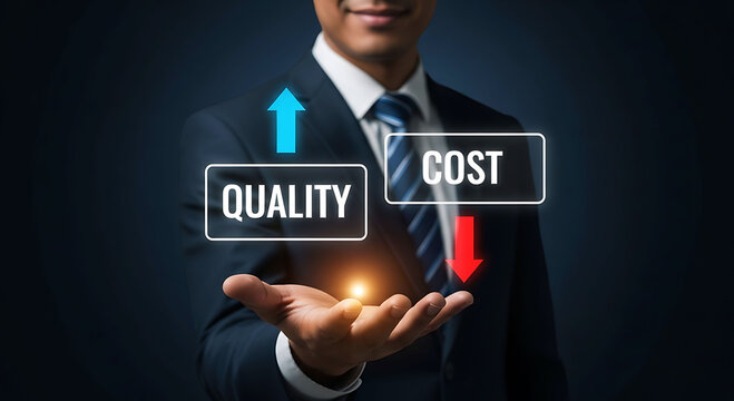 Businessman holding high quality up and low cost down arrow concept