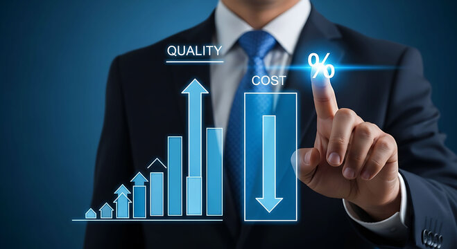 Businessman optimizing business efficiency by increasing quality and reducing cost