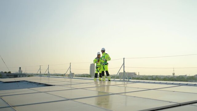 Two professional solar engineers in high-visibility safety gear and hard hats walk on a commercial flat roof to inspect solar panels. Sustainable green energy and industrial maintenance concept.