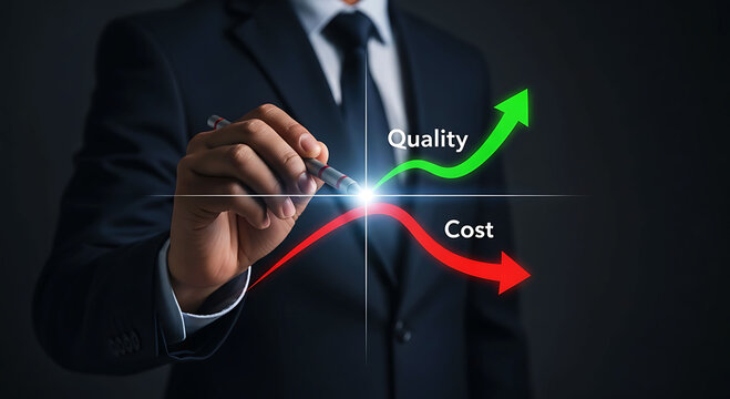 Businessman drawing chart with rising quality and falling cost arrows for business success
