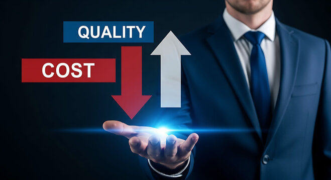 Businessman holding high quality and low cost arrow concept increase value