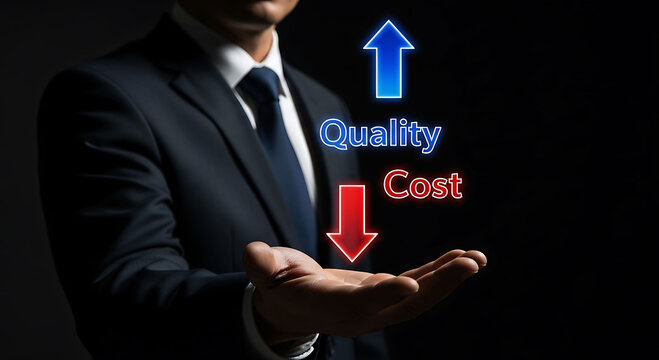 Businessman holding high quality and low cost arrow concept on dark background