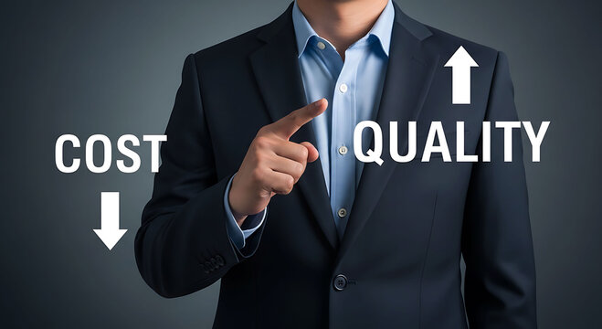 Businessman pointing to choose lower cost and higher quality business strategy