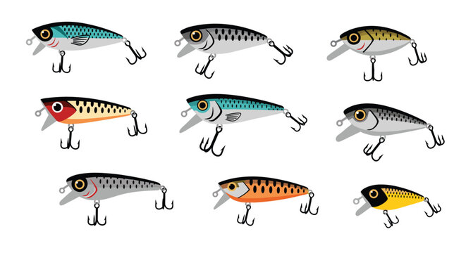 Set of various colorful fishing lures with hooks designed for catching different types of predatory fish in fresh or salt water.