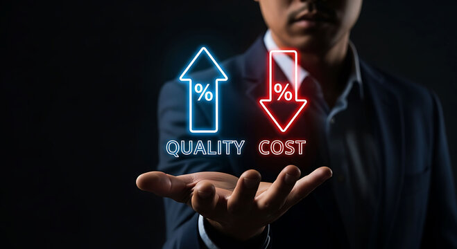 Businessman holding high quality and low cost neon arrows concept for business