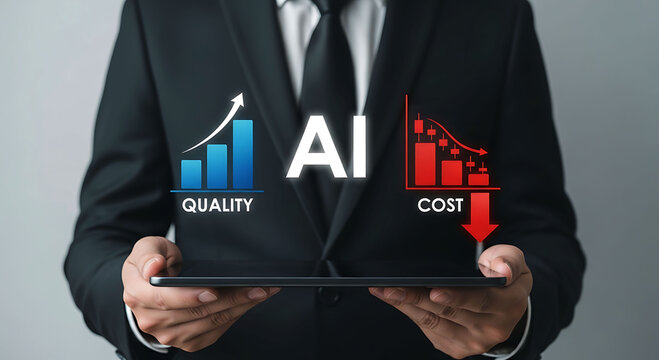 Businessman holding tablet with AI concept increasing quality and reducing cost