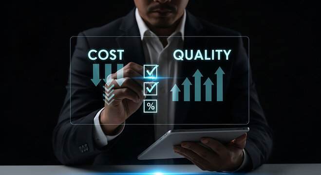 Businessman managing cost reduction and high quality control on virtual interface