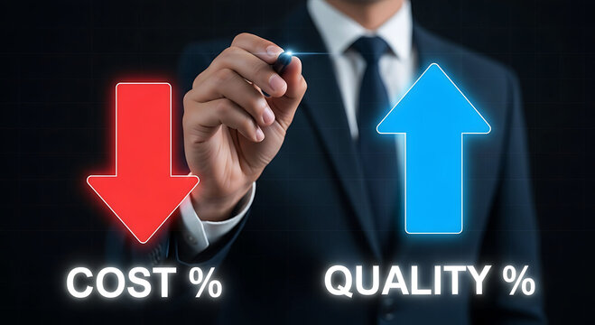 Businessman pointing at reduce cost and increase quality arrow chart