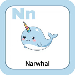 Cute kawaii, Narwhal ,educational, flash card, pastel colors, kid-friendly classroom material, letter  N © laddaphone